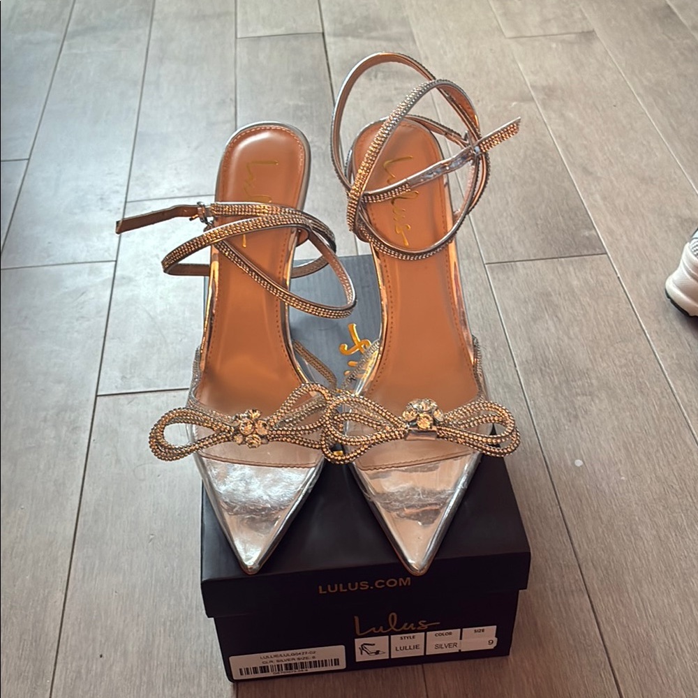 Lulu's Silver Pointed Toe Crystal Bow Ankle Strap Heels